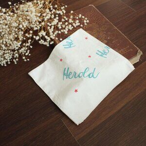 Vintage 1950s Men's Handkerchief, Herold White Cotton with Blue, Red Stars Colle